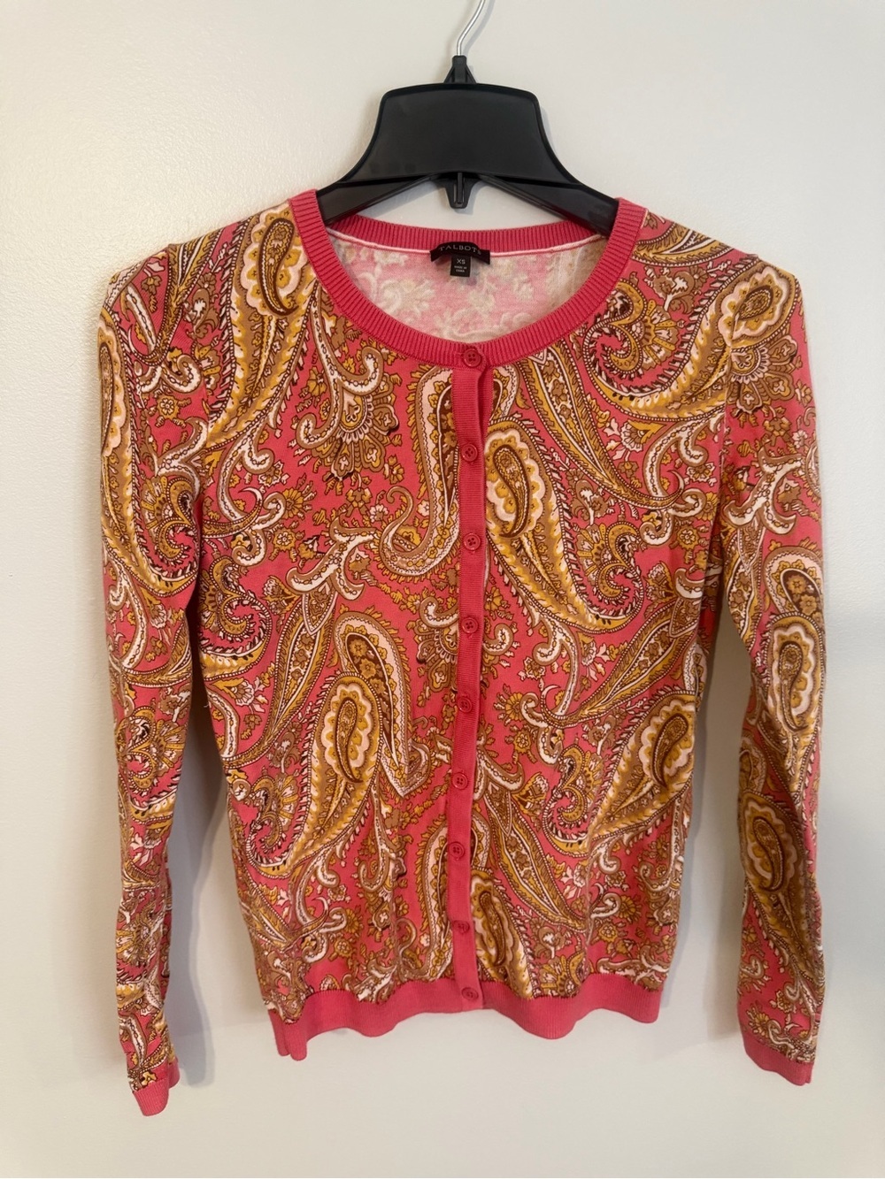 Talbots Pink Paisley Button-Front lightweight Sweater cardigan size XS